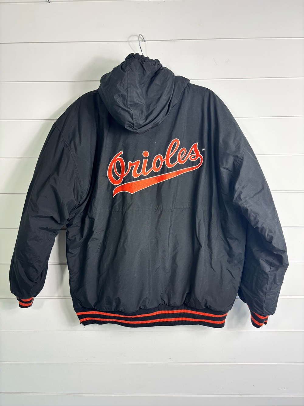 Vintage STARTER Baltimore Orioles Black Hooded Bomber Jacket  Size L